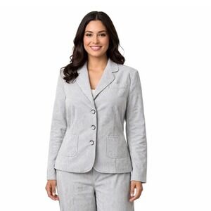Ann Taylor Loft Seersucker Blazer Navy White Striped Cotton Jacket 10 Chic 86-36